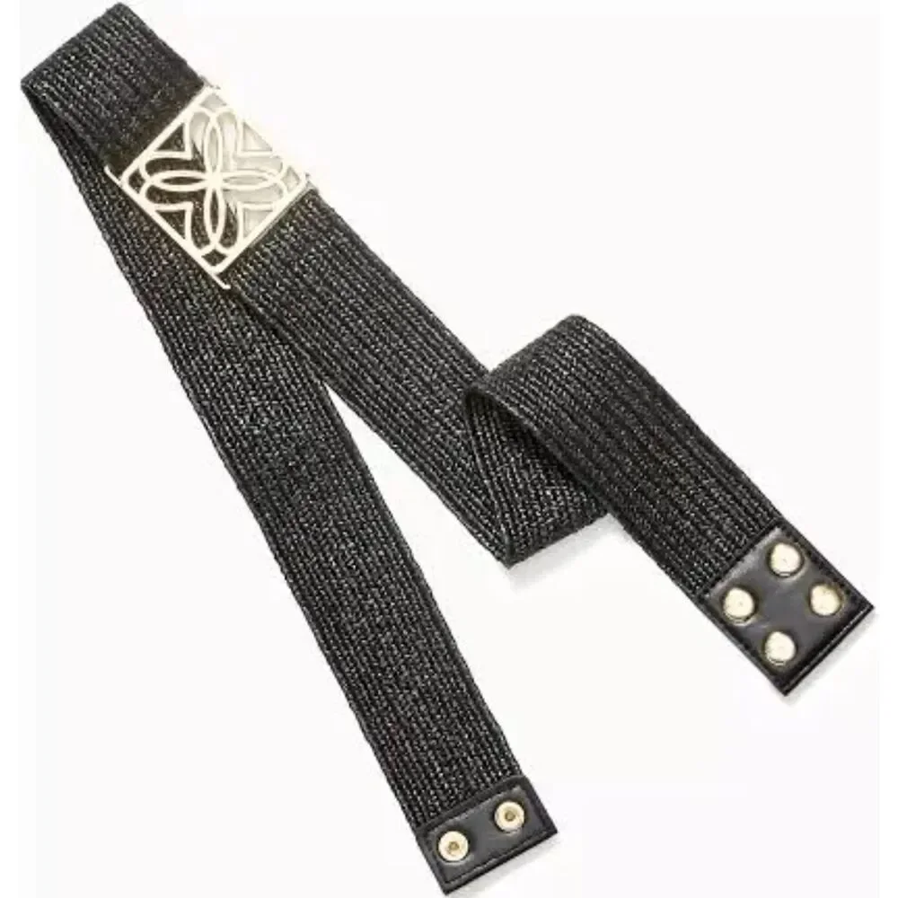 NWT Lilly Pulitzer Arta Stretch Raffia Belt Black Gold Logo Buckle S/M